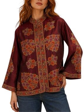 Burgundy Embroidered Mandarin Collar Button Down Boho Vintage Style Jacket Top